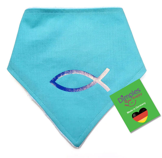Light blue dog bandana with Christian fish symbol